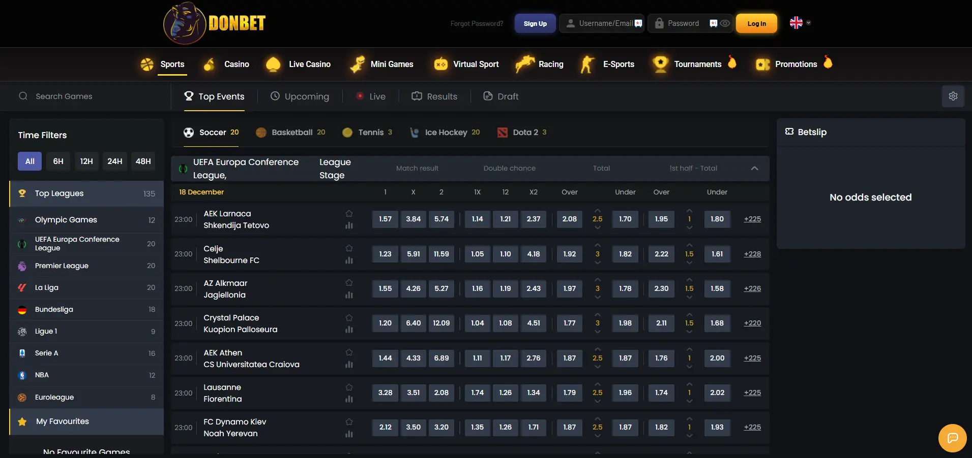 Donbet Casino sportsbook interface showing live events and betting categories on a dark background
