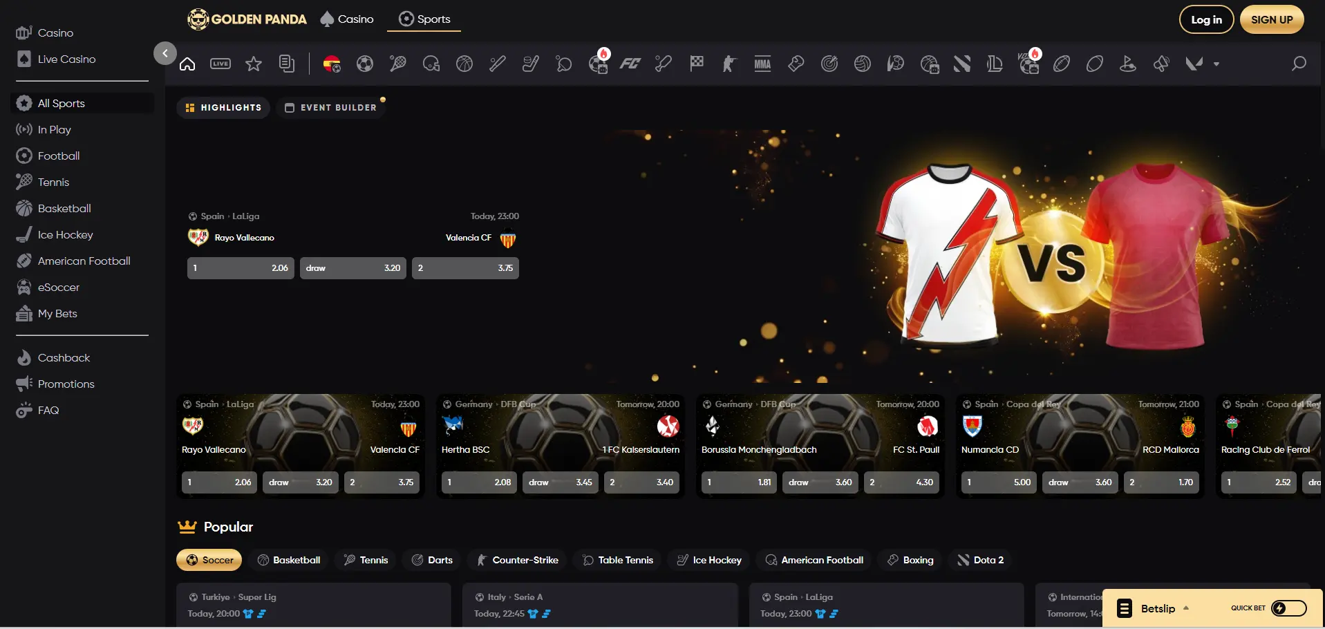 Golden Pandan urheiluvedonlyöntisivu mustalla taustalla, jossa näkyy ottelutiedot, valikkovaihtoehdot ja suosituimmat lajit.
