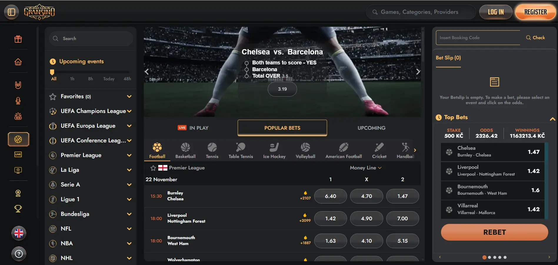 Gransino sportsbook interface showing live events, popular bets, and match details alongside the site navigation menu.