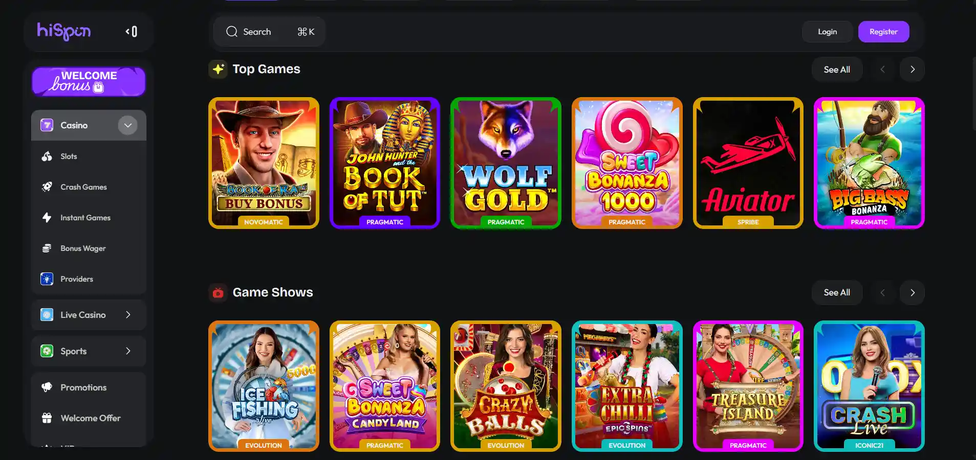 HiSpin Casino game lobby displaying top titles and navigation menu options on a black background