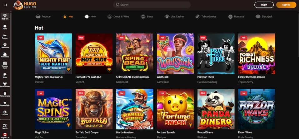 Hugo Casino game lobby showcasing slots and live dealer categories for Canadian players.