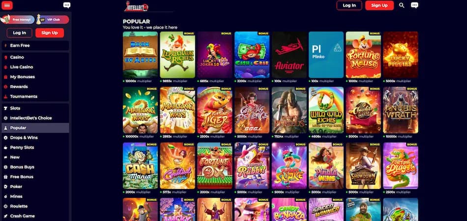 IntellectBet casino game lobby showing popular titles including Book of Aztec and Lucky Joker 10 alongside a side menu with links to sign up, log in, free money, VIP club, and more.