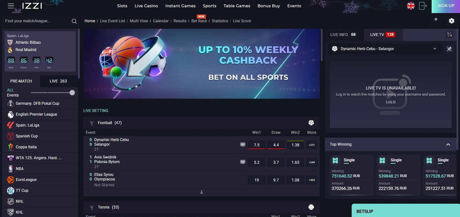 IZZI Casino sportsbook interface showing live match listings, a cashback promotion, and a navigation menu on a dark background.