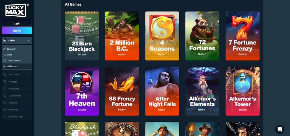 Lucky Max Casino full game lobby showing available casino game categories