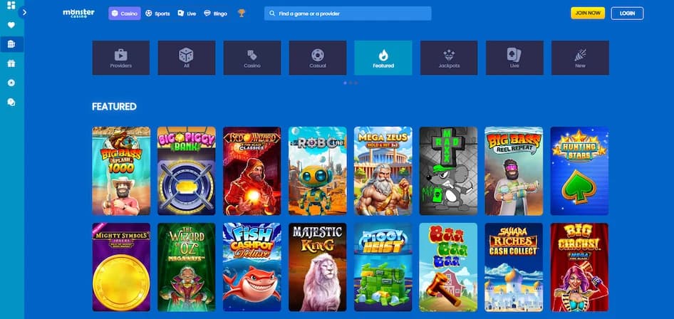 Monster Casino game lobby featuring a blue-themed interface with a navigation menu and highlighted game titles