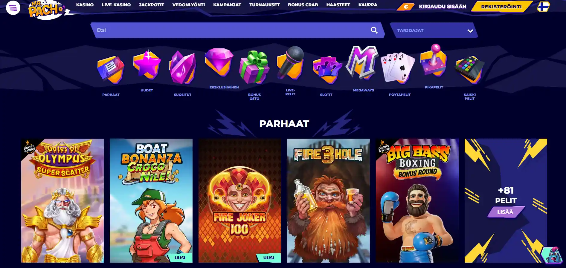 Mr.Pacho-kasinon pelivalikoima suodatusvalikolla tummansinisellä taustalla