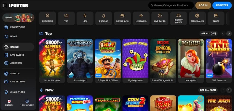 MrPunter Casino game lobby showing filtering options, navigation menu, and login and register buttons for Canadian players.