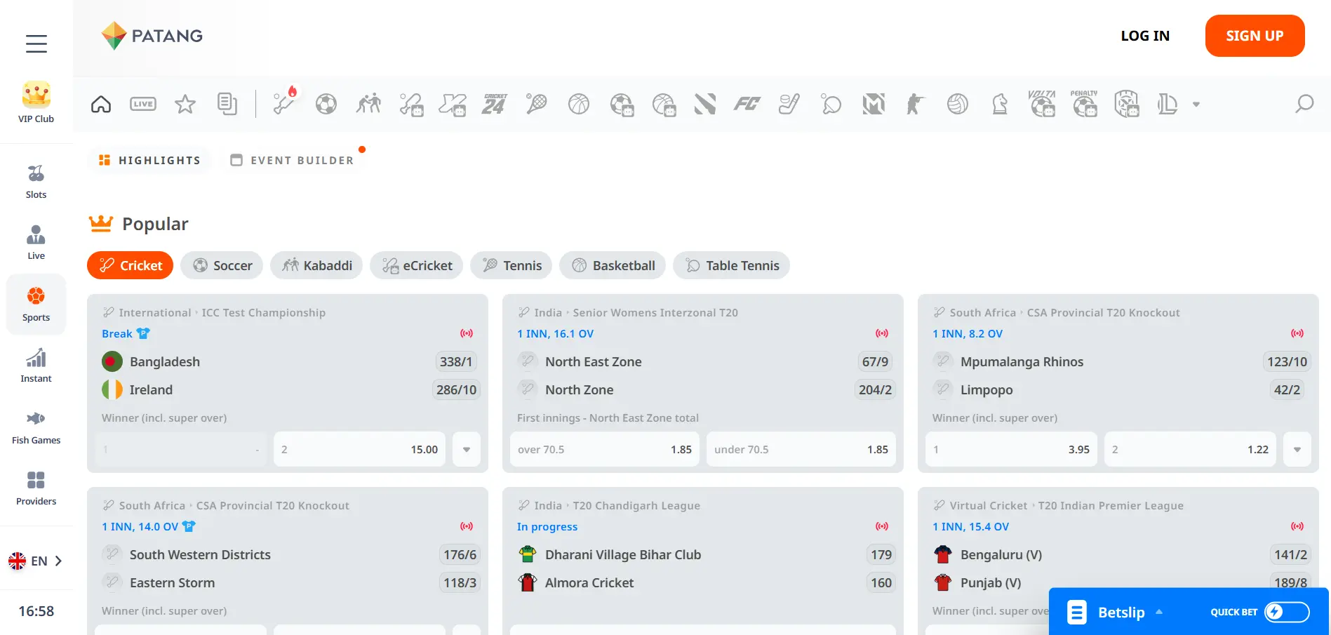 Patang Casino sportsbook interface showing popular sports events, navigation menu, and filtering options on a white background.