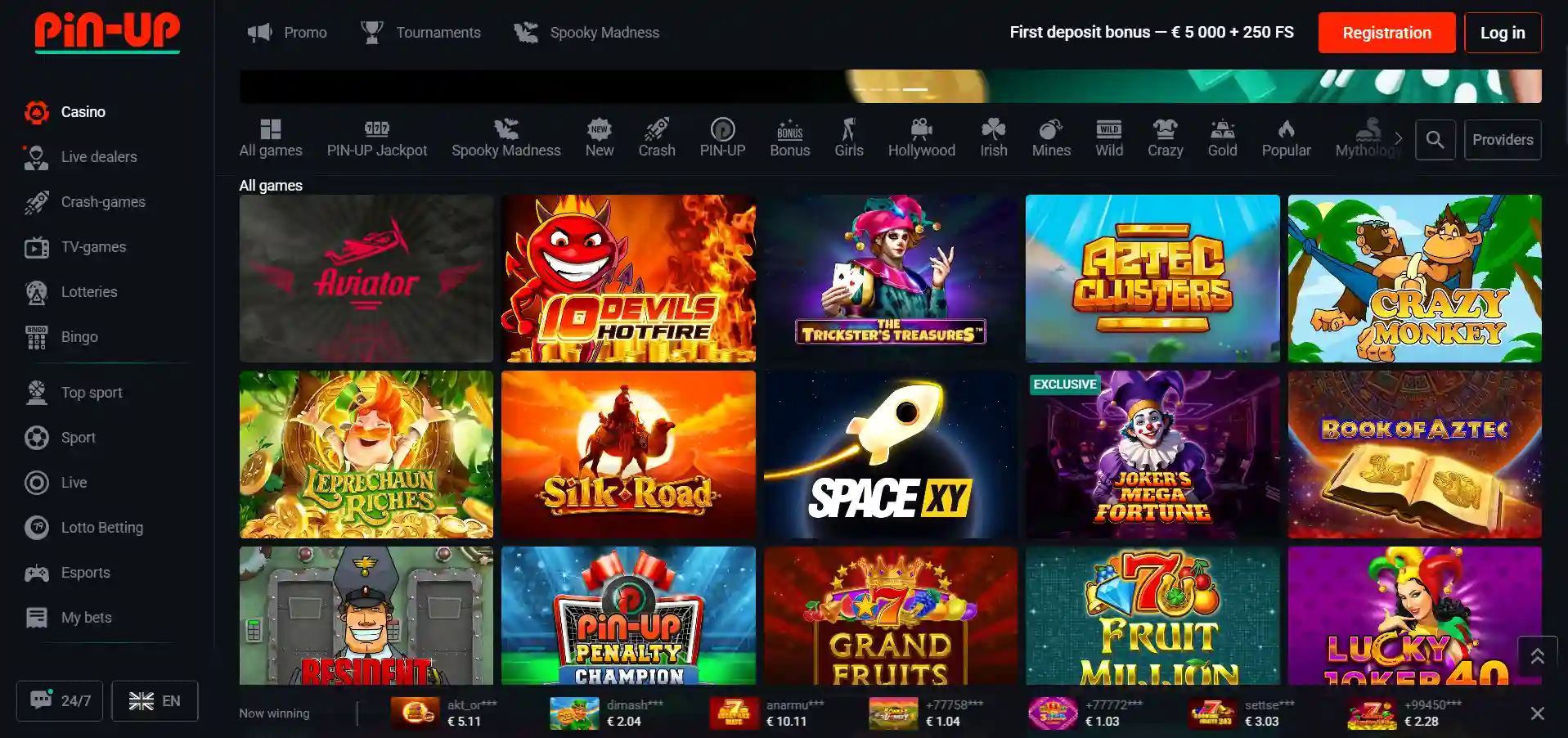Pin-Up Casino game library showing filtered categories and game thumbnails on a dark background