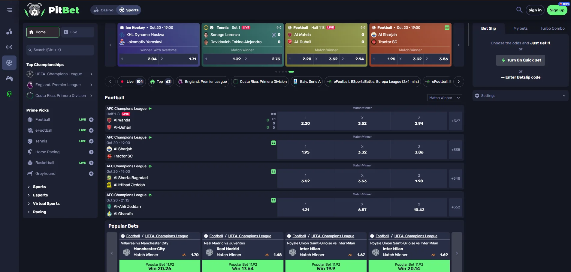 Pitbet Casino sportsbook showing live betting markets and odds