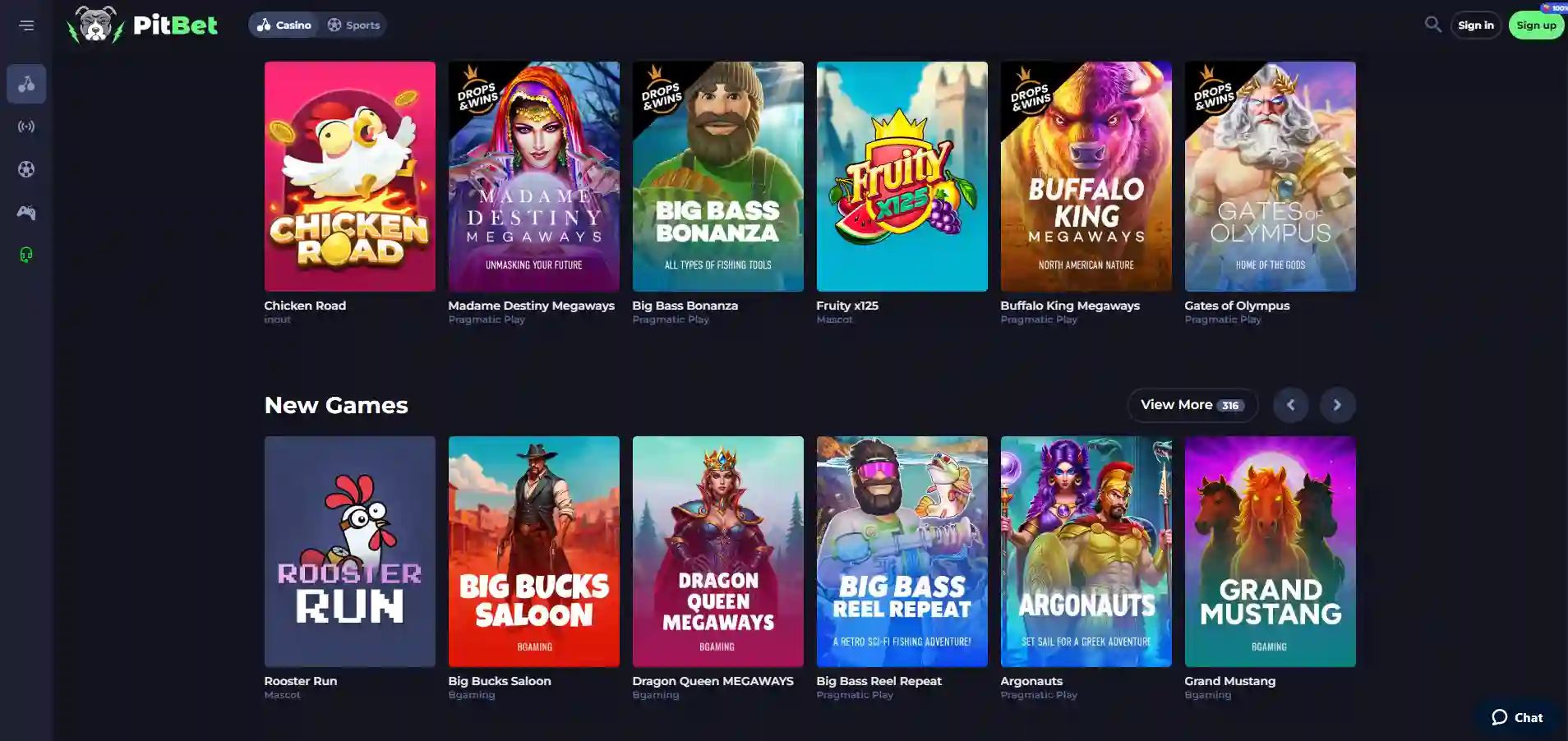 Pitbet Casino game lobby showing popular titles including Chicken Road and Big Bass Bonanza.