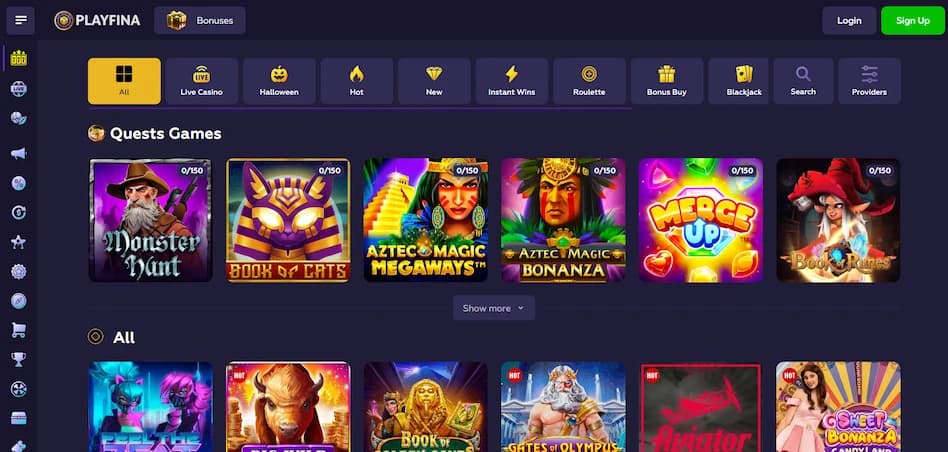 Playfina Casino game lobby showing quest games, navigation menu, and filter options on a blue background