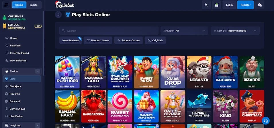 Rainbet Casino game lobby showing slot titles and filtering options on a blue background