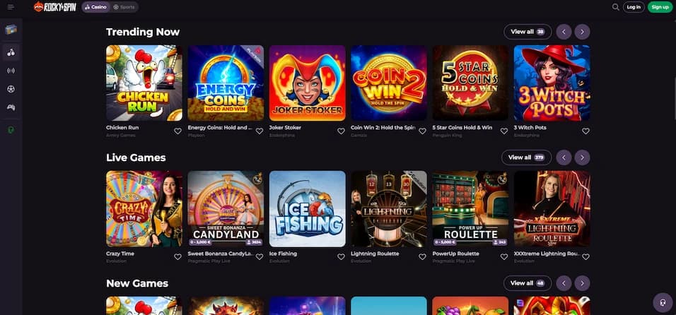 Rockyspin Casino full game library displayed on screen