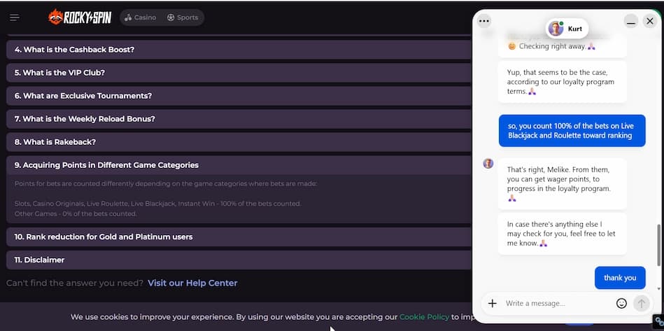 NeonDeuces team member in live chat with a Rockyspin support agent discussing loyalty programme eligible game categories