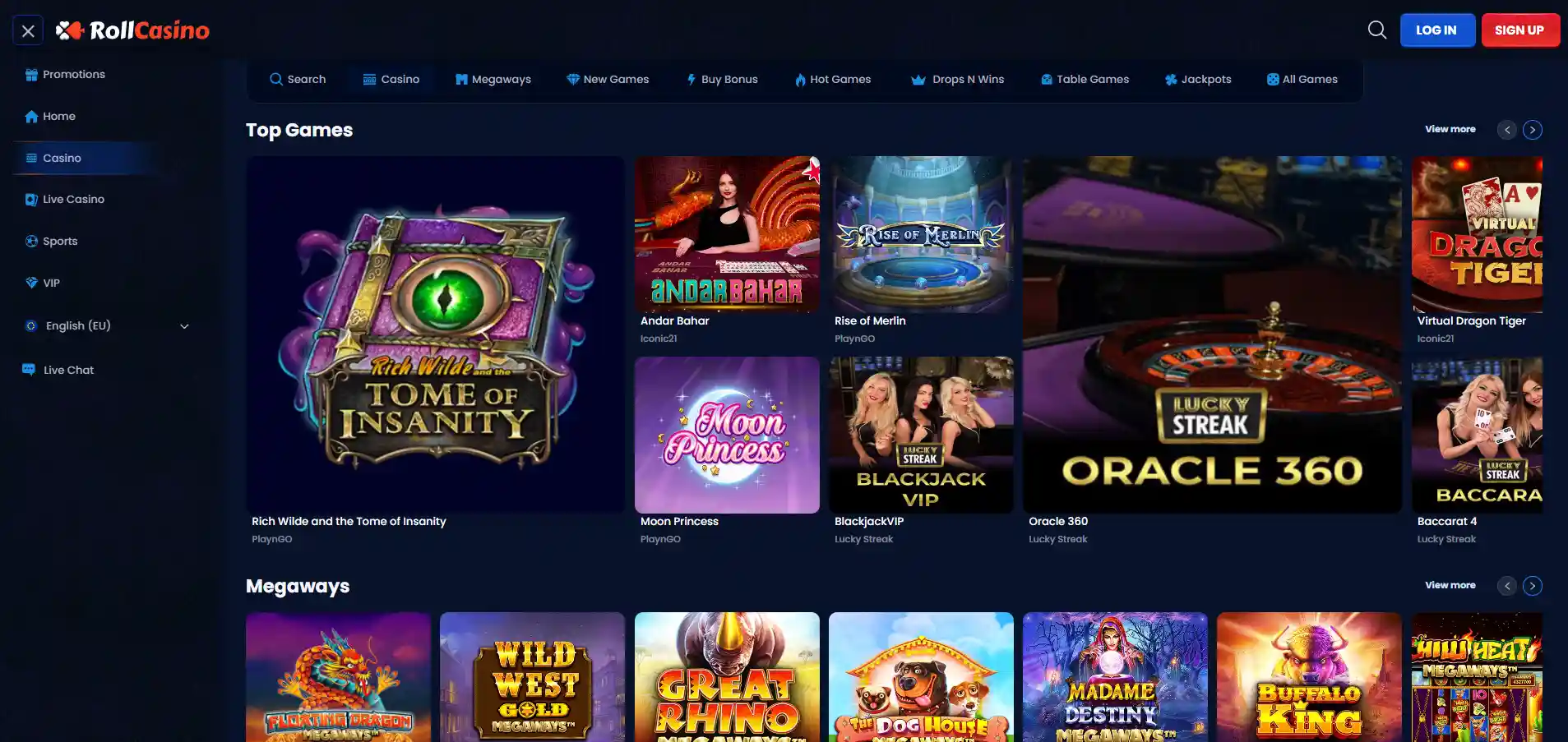 RollCasino game lobby screenshot showing various game categories and featured titles