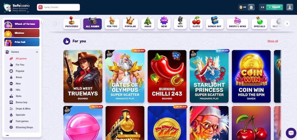 SafeCasino game lobby showing category filters, featured titles, and navigation menu on a purple background.
