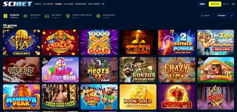 Scibet Casino game library page on a dark blue background showing filtering options, login and register buttons, and featured games including Coins of Ra, Sugar Rush, and Dragon Trio Bonus.