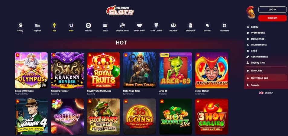 Slota Casino game library interface showing filtering tabs for lobby, popular, hot, and new titles