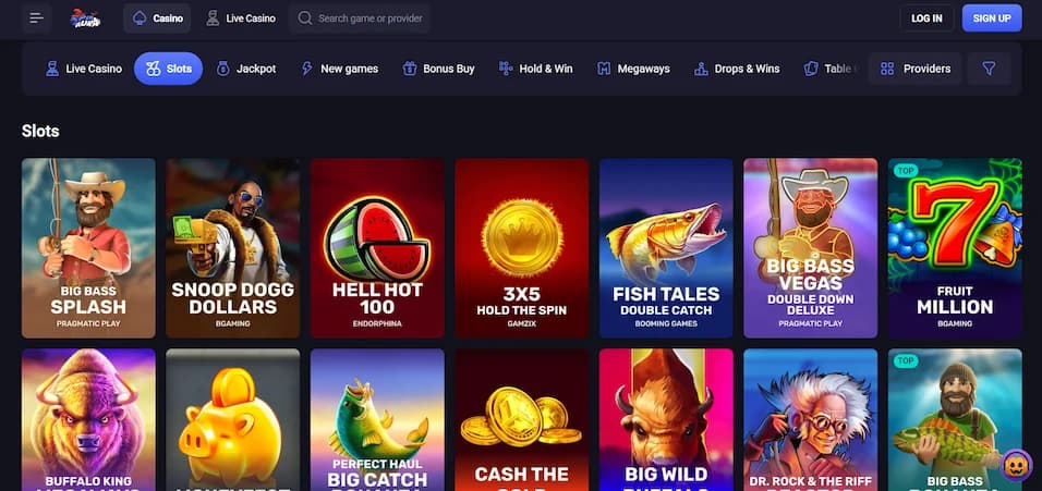 SpinAura games lobby showing slot filters and category menu on a dark background