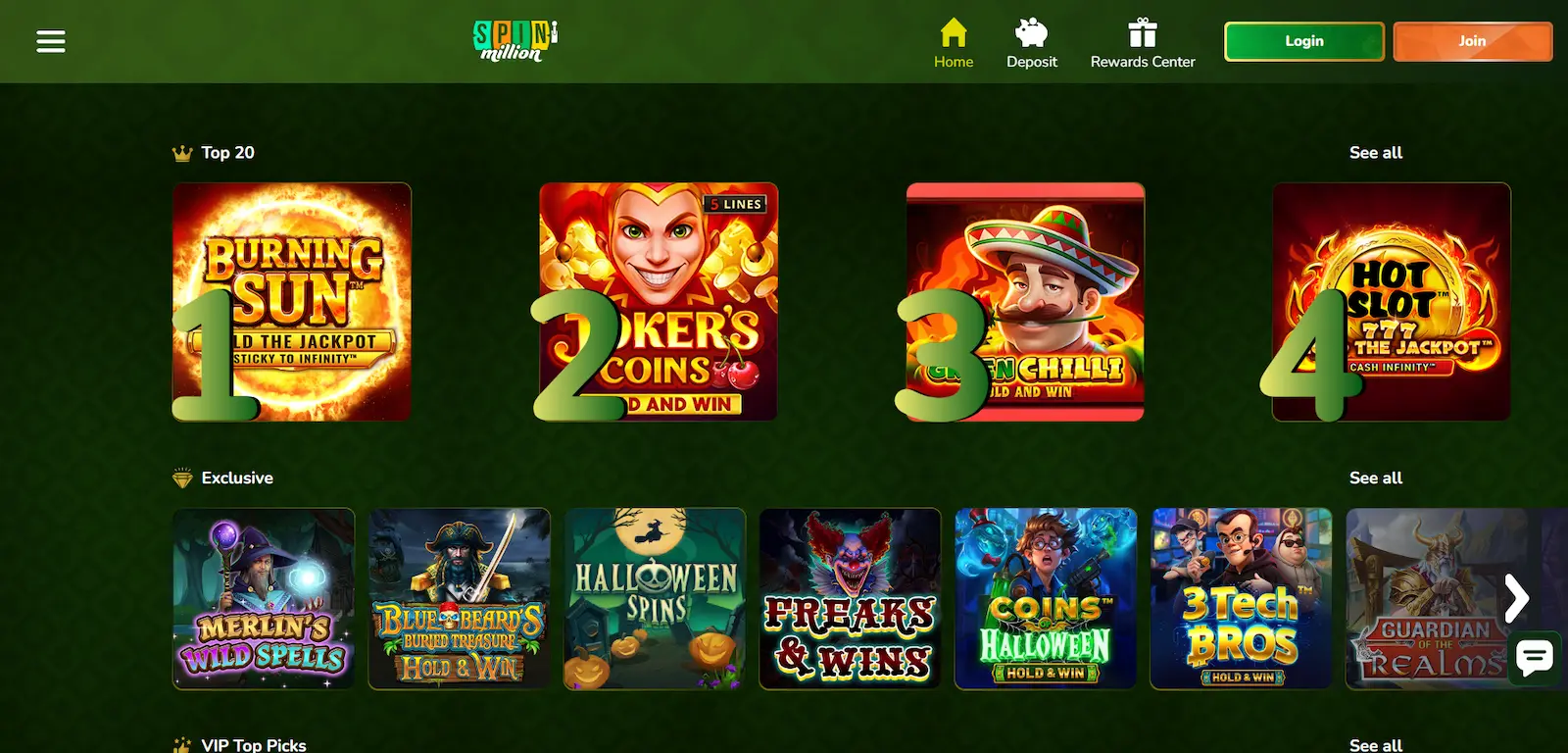 Spin Million Casino top and exclusive game selections displayed in the lobby against a green-themed background.
