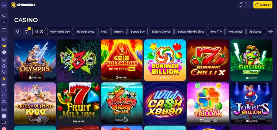 Spinorhino Casino game lobby showing filters, categories, and navigation menu against a blue background