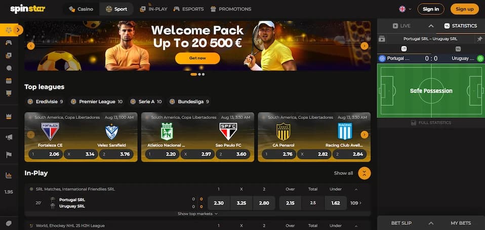 Spinstar sportsbook betting page showing welcome package banner, football and tennis imagery, top league selections, in-play options, and navigation menu