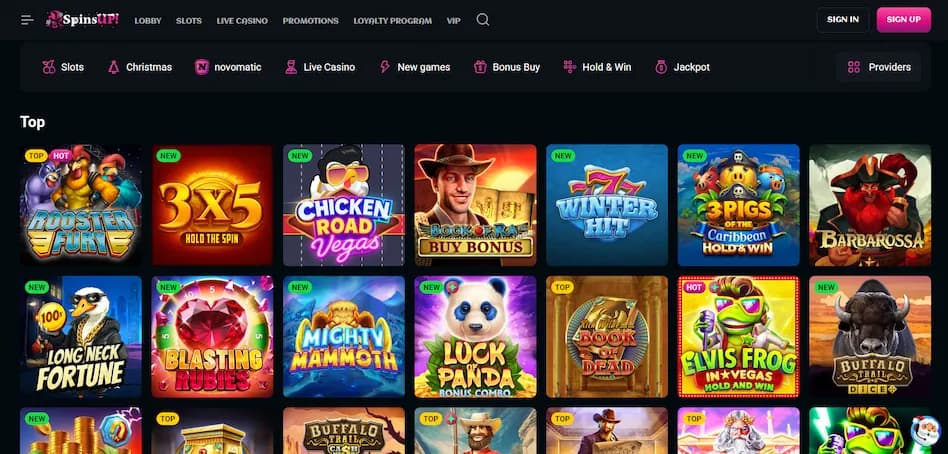 SpinsUp Casino game lobby displaying top titles with filtering options and navigation menu on a dark background