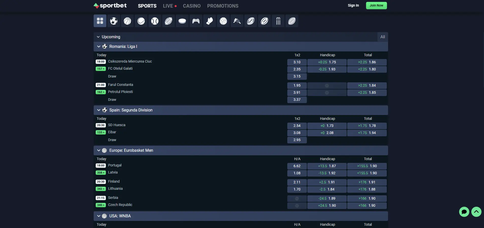 Sportbet.one sportsbook interface showing sport categories, betting markets, and upcoming events including Romania Liga