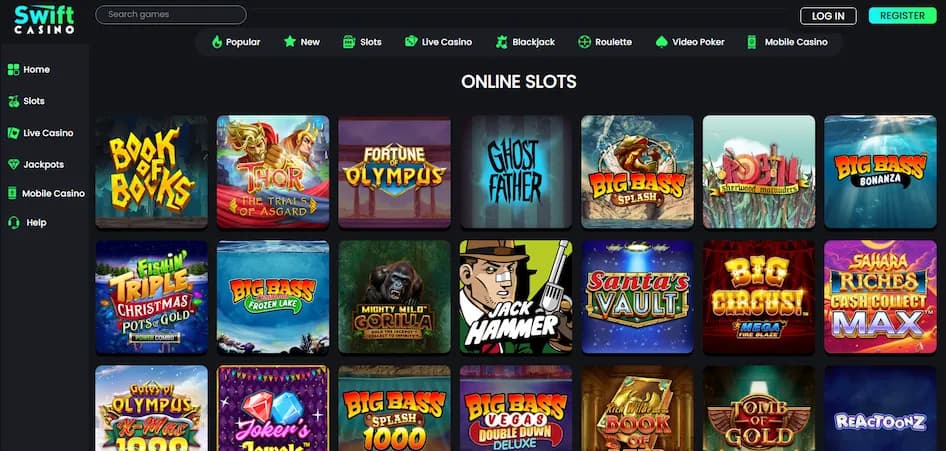 Swift Casino slots lobby displaying popular game titles on a dark-themed interface