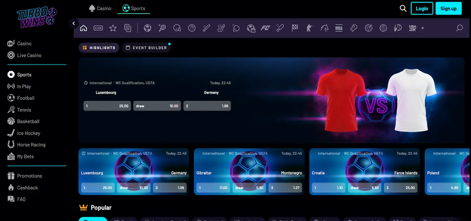 Turbo Wins Casino sportsbook interface showing the main menu, live events, and betting markets on a dark background