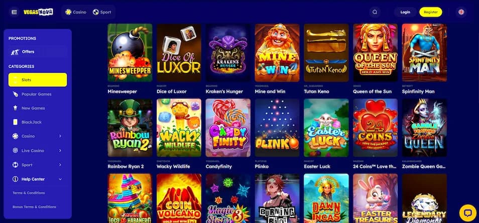 Vegas Nova casino game lobby showing available title categories