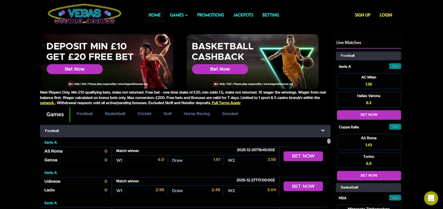 Vegas Mobile Casino sportsbook page showing live match odds and promotional banners on a dark background