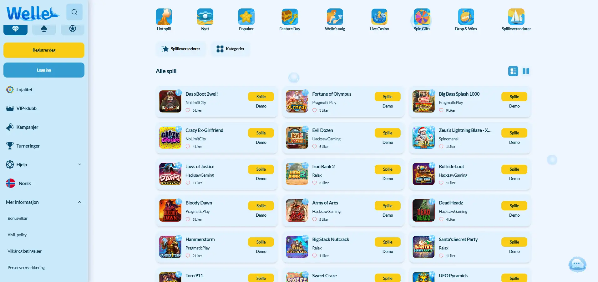 Welle Casinos spilloversikt med utvalgte spill mot en blå og hvit bakgrunn.
