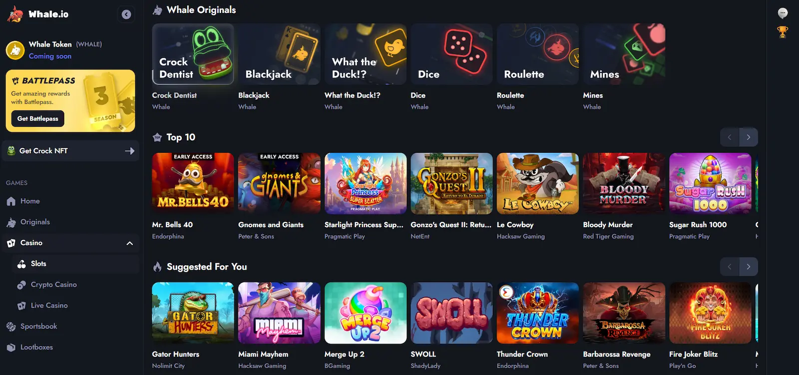 Whale.io Spiellobby mit Spielautomaten und Casinospielen