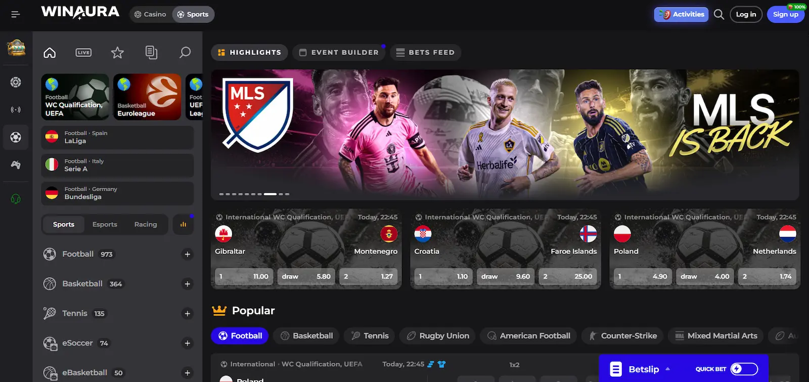 Winaura's sports page with events and football players on a banner against a black background.