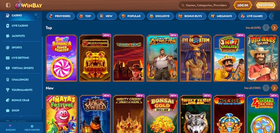 Winbay Casino game lobby showing pokies, table games, and live casino options for NZ players