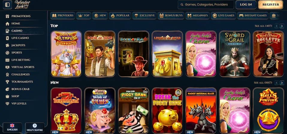 WonderLuck Casino full game library overview showing slots and live dealer categories