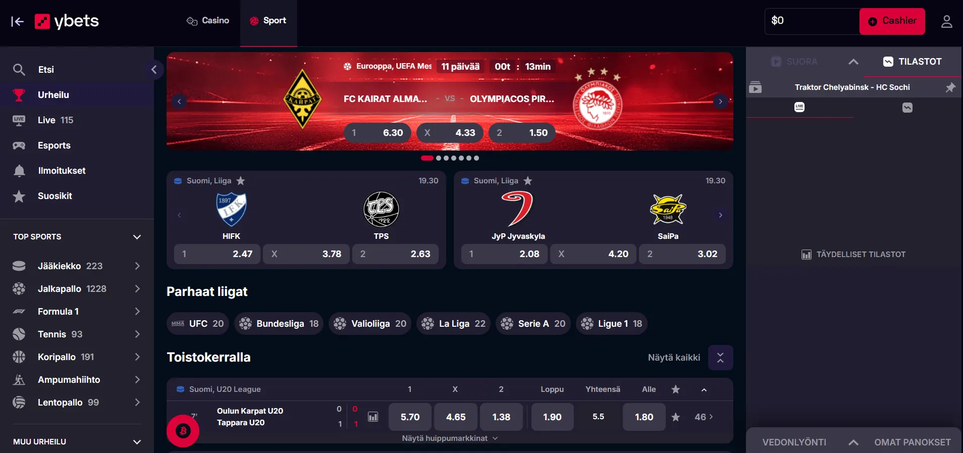 Ybets-kasinon urheiluvedonlyöntivaihtoehtojen näkymä tummalla taustalla, lajit ja ottelut selkeästi esillä.