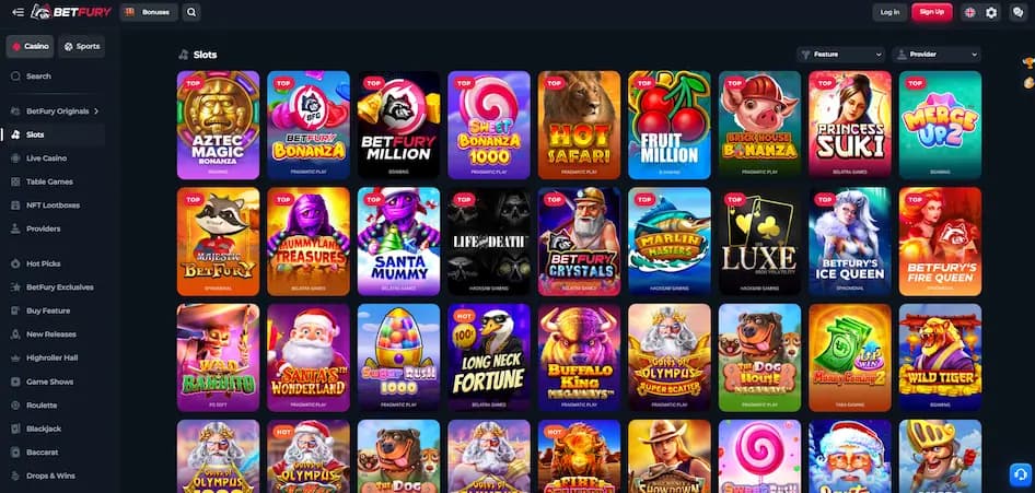 BetFury Casino game lobby showing slot titles and navigation menu on a dark-themed interface
