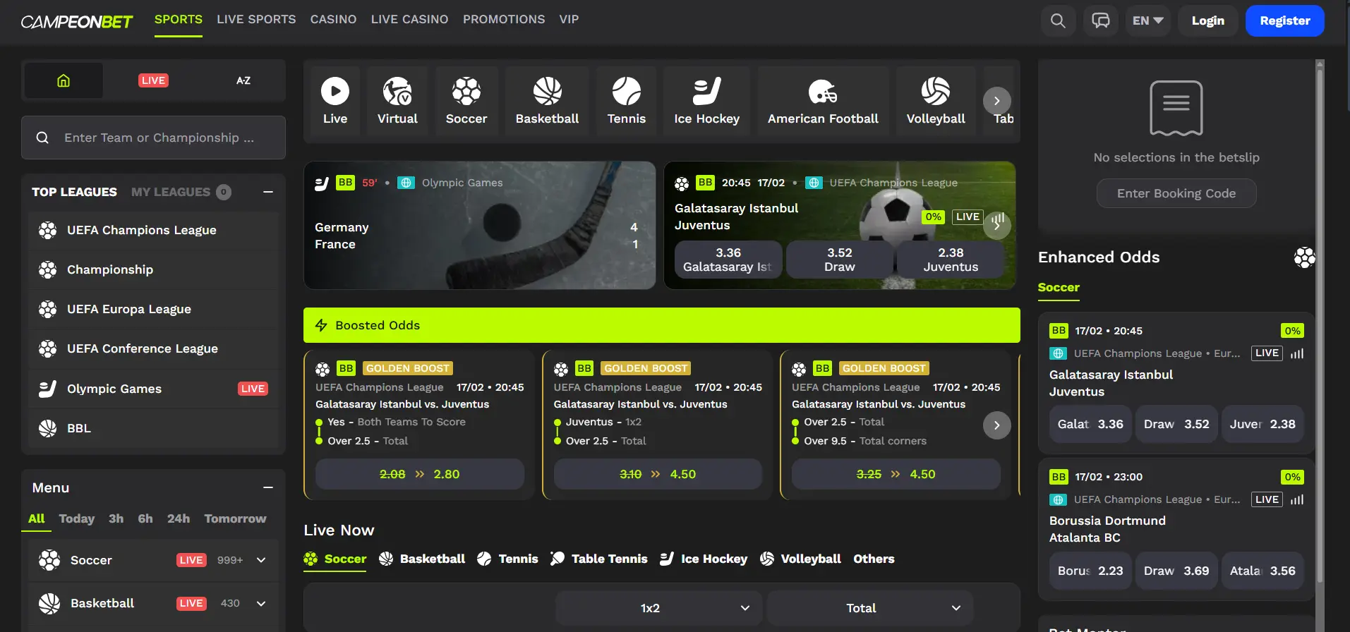 Campeonbet sportsbook interface showing live match listings and filtering tools on a dark background.