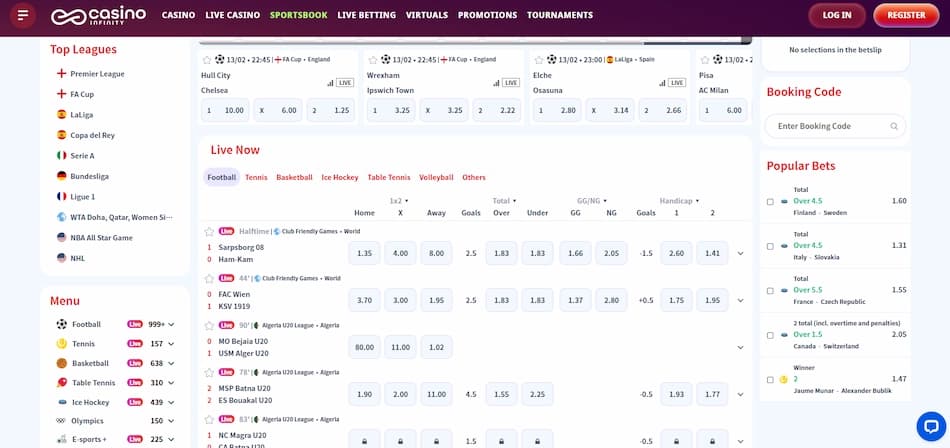 Casino Infinity sportsbook interface showing top leagues and navigation menu on a white background.