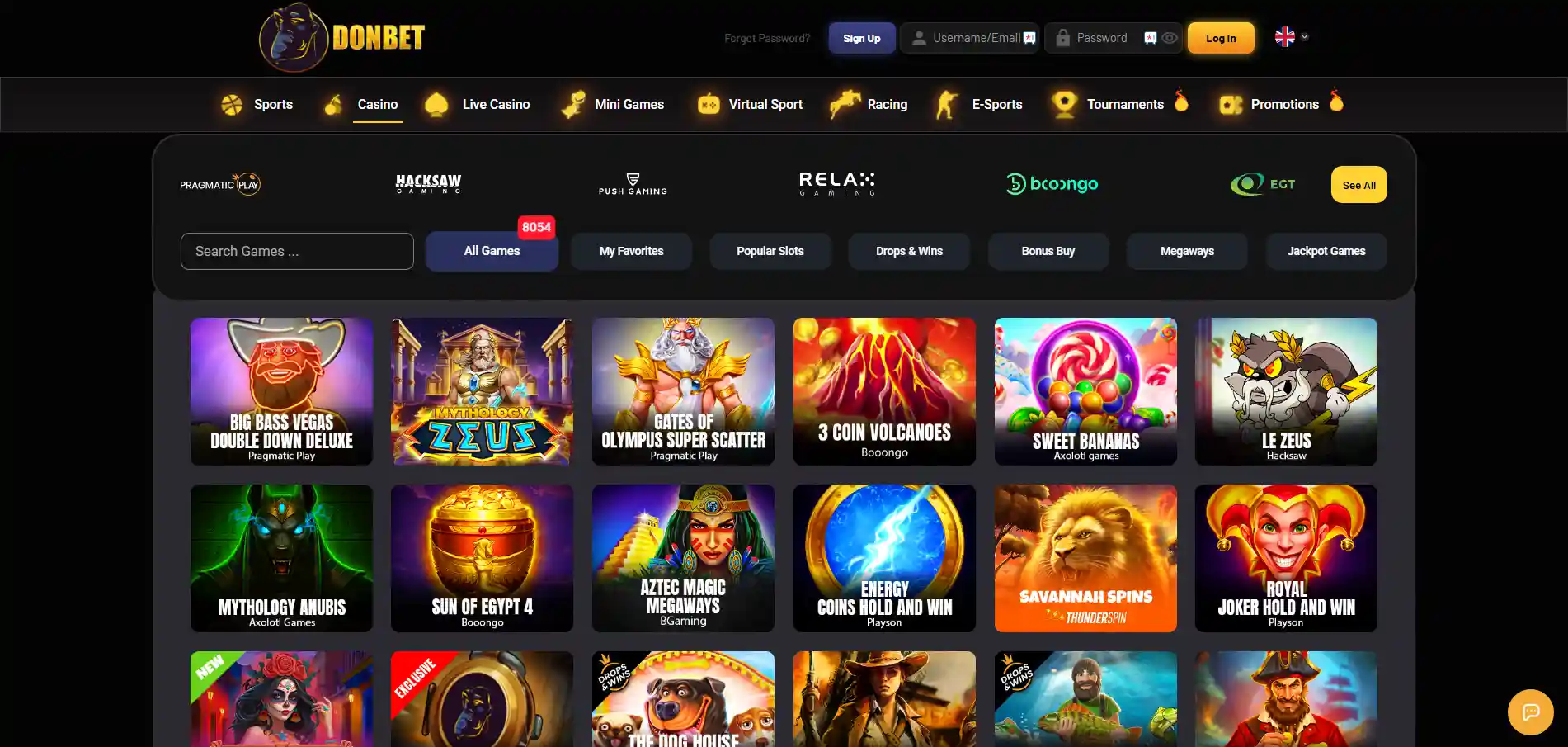 Donbet Casino game lobby showing popular slot titles and navigation menu on a dark background