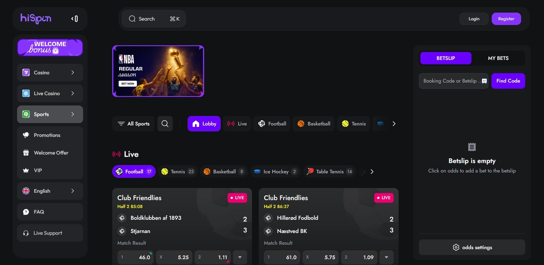 HiSpin Casino sportsbook interface showing event listings, betting branches, and navigation menu on a dark background.