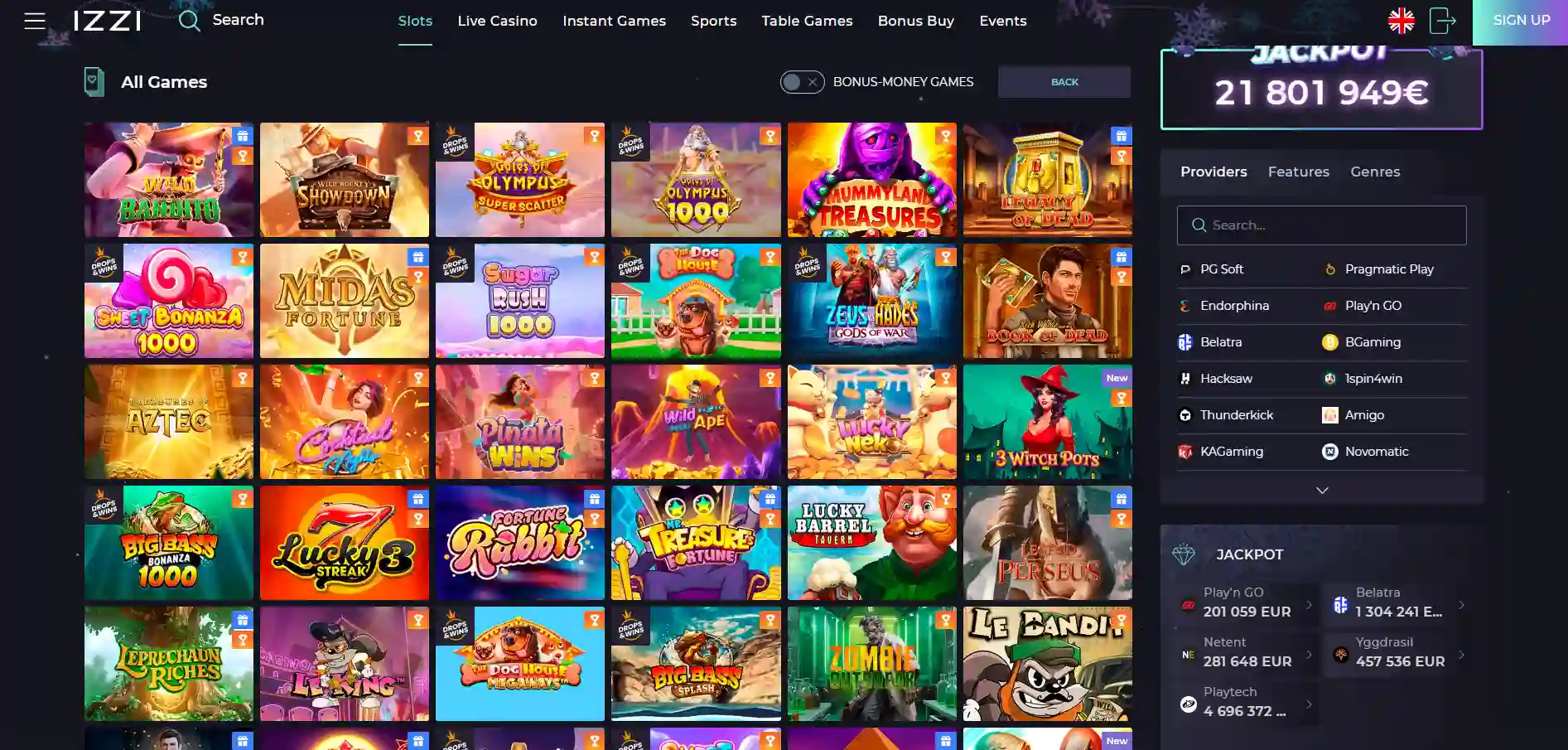 IZZI Casino full game library showing category filters, featured slot titles, and navigation menu on a dark background.