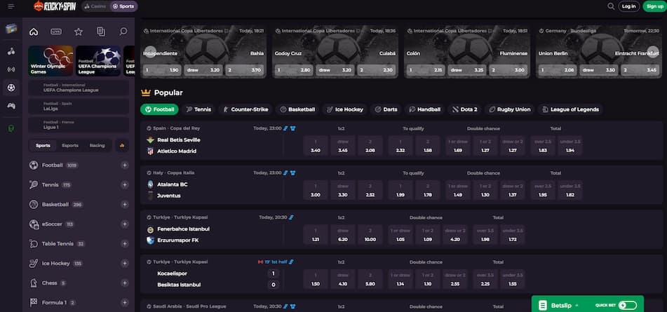 Rockyspin sportsbook interface showing available betting markets