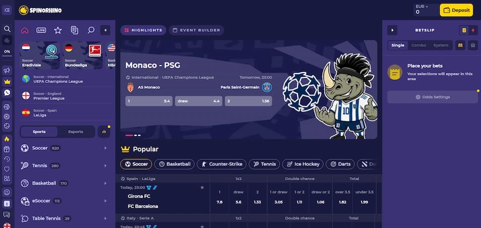 Spinorhino Casino sportsbook interface showing filters, bet slip, and navigation menu on a blue background.