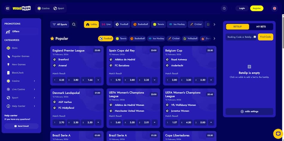 Vegas Nova Casino sportsbook interface showing live betting markets and odds