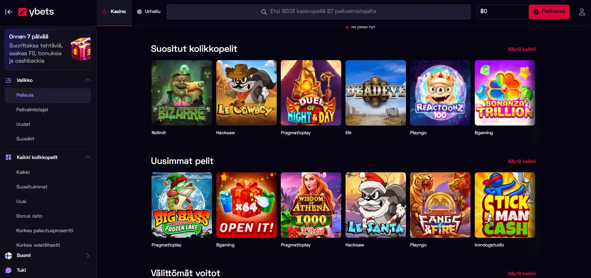 Ybets-kasinon pelivalikoima näkymä, jossa suosittuja ja uusia pelejä tummalla taustalla.