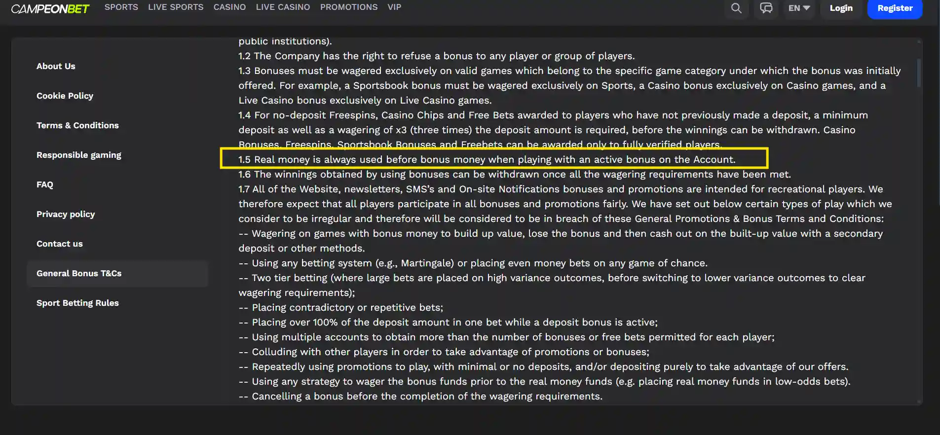 Campeonbet terms and conditions page with a highlighted clause shown against a dark background.